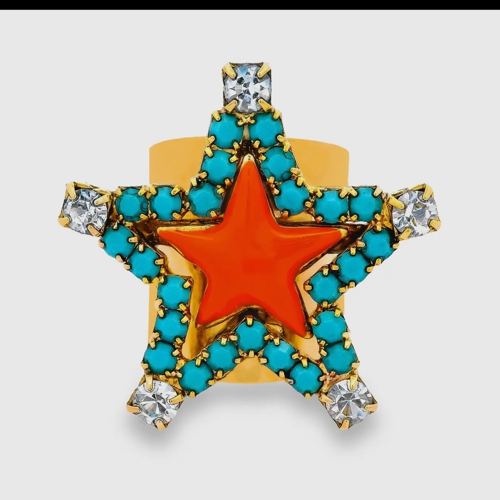 Star-Shaped Antique Gold Plated  Orange and Turquoise Ring
